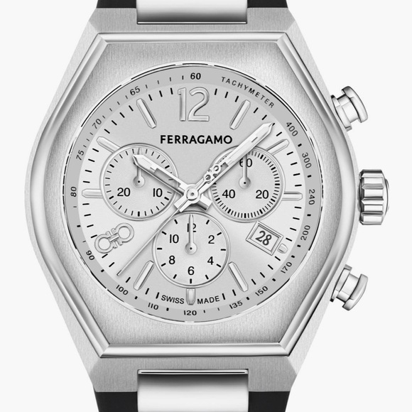 Ferragamo Watch Chronograph Silver with Black Silicone Strap - Picture 2 of 3